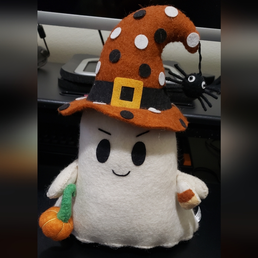 Halloween Ghost Plush with Orange Polka Dot Hat and Hanging Spider